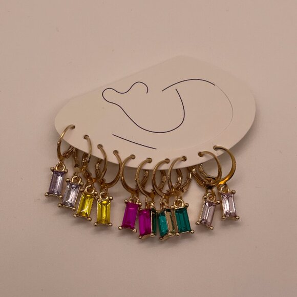 ⭐️❤️FREE Rhinestone Baguette Hoop Set Hipster Hippie Art Chic Glam Mini Earrings - Picture 5 of 8